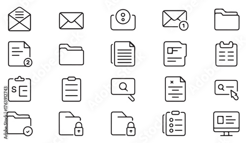 Linear outline icons of mail, file, and security for office workflow, business apps, and communication systems.