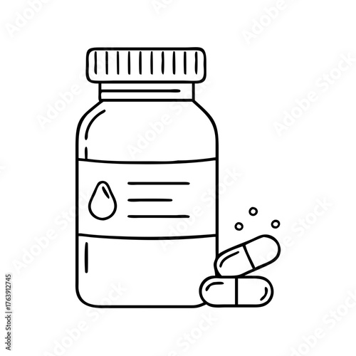 Vector art of bottle of liquid medication with three small bubbles and two capsules nearby