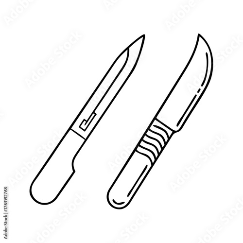 Vector art of two stylized outline drawings of knives, one with a curved blade and ribbed handle, the other with a straight blade
