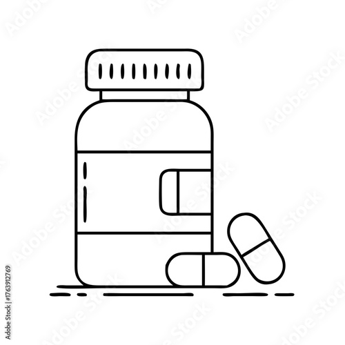 Vector art of a simple line drawing of a pill bottle with two pills next to it, isolated on a, representing medication and healthcare