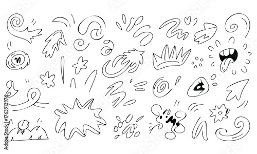 A vector set of hand-drawn doodles features black and white floral elements and leaf illustrations for seamless pattern design