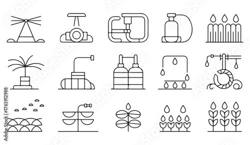 Minimalist agricultural line icon pack representing irrigation systems, crops, and water-saving equipment.