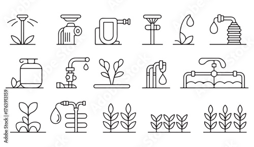 Thin line farming and irrigation system icons for sustainable agriculture and garden watering design.