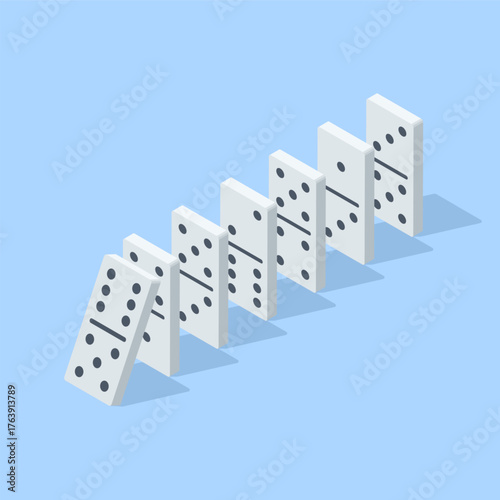 Isometric vector domino tiles lined up with the last tile falling on them, in color on a blue background, the domino principle or business concept of how plans fall apart