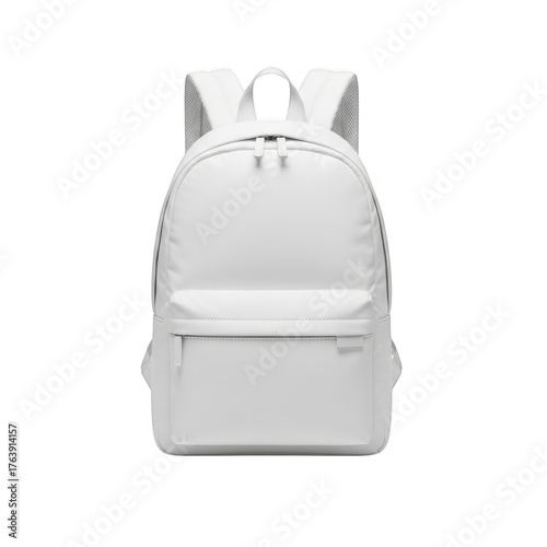 A clean white canvas backpack with multiple compartments and adjustable straps isolated on transparent background