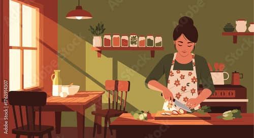 Illustrative depiction of a woman preparing a meal in a sun-drenched kitchen