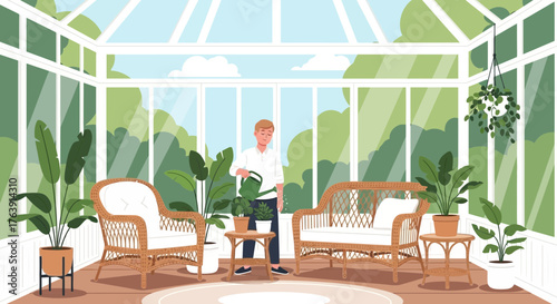 Stylish botanical interior scene with plants, greenery, and serene ambiance