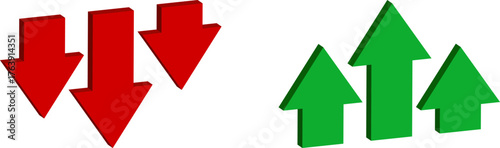 Green up and red down 3d arrow graph showing rising, descending trend, business result, profit or loss symbol symbol. Business arrow, goals concept. 3d world money symbols. Financial growth vector