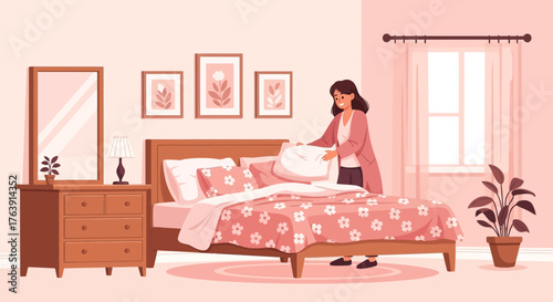 Woman prepares a comfortable bedroom with floral bedding in a serene morning scene