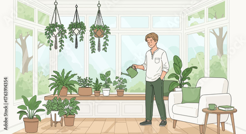 Man tenderly watering indoor plants in a bright, sunlit sunroom, a serene gardening scene
