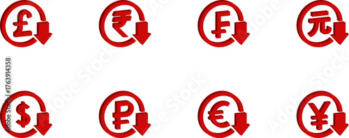 Green up and red down 3d arrow graph showing rising, descending trend, business result, profit or loss symbol symbol. Business arrow, goals concept. 3d world money symbols. Financial growth vector