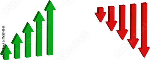 Green up and red down 3d arrow graph showing rising, descending trend, business result, profit or loss symbol symbol. Business arrow, goals concept. 3d world money symbols. Financial growth vector