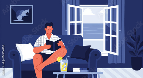 Comfortable relaxation: A man reads a book by the window, enjoying a serene moment