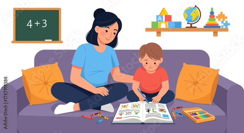 Engaging home learning moment: Mother assisting child with creative drawing activity