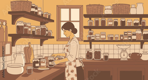 Artistic illustration showcasing homemade preserves arrangement in kitchen setting