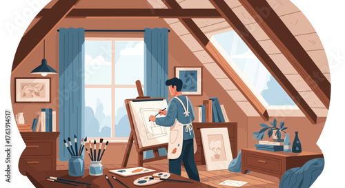 Creative attic studio with artist painting on canvas under natural skylight