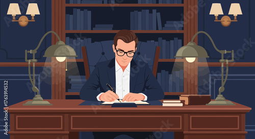 Illustrative scene of a man in suit writing at a desk in a classic room