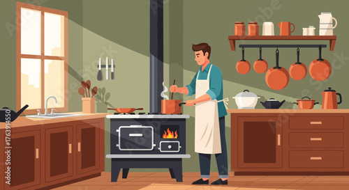 Cozy kitchen scene featuring a man cooking on a vintage wood-burning stove