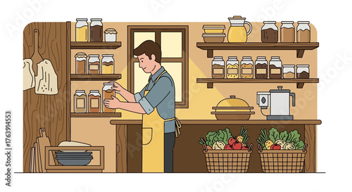 A man wearing apron in a rustic kitchen preparing foods with glass jars