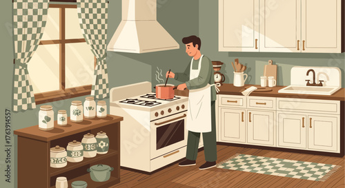 Man meticulously preparing food in a retro-style kitchen with sunlight streaming through the window