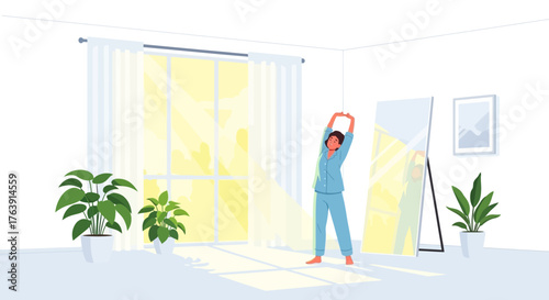 Morning awakening stretching routine in a sunlit room with plants and mirror