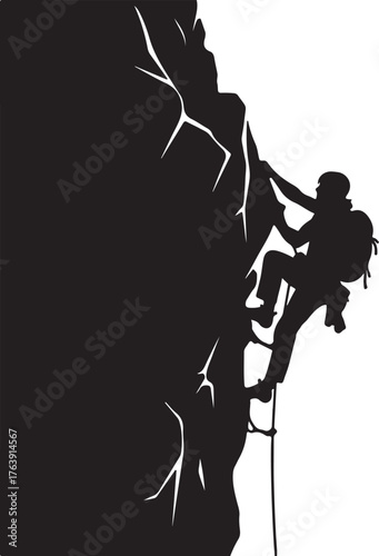 Silhouette of a climber rappelling down a sheer rock face with a backpack rock climbing descent on transparent background