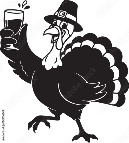 Cartoon Pilgrim Turkey Holding a Glass of Wine and Celebrating on White Background vector illustration on transparent background