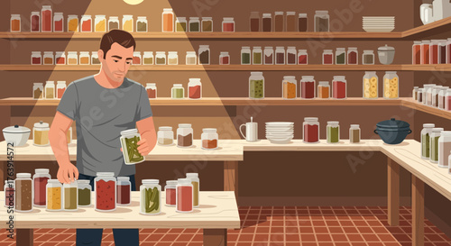 Man Organizing Home-Canned Goods in a Well-Stocked Pantry with Shelves Full of Jars