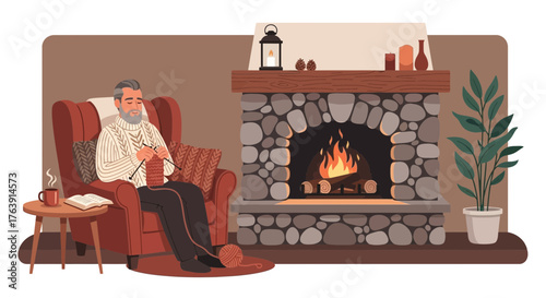 Cozy scene of a senior man knitting by the fireplace in a warm home setting