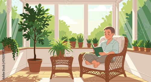 Serene Solarium Scene: Man Reading Amidst Lush Indoor Garden in Natural Light