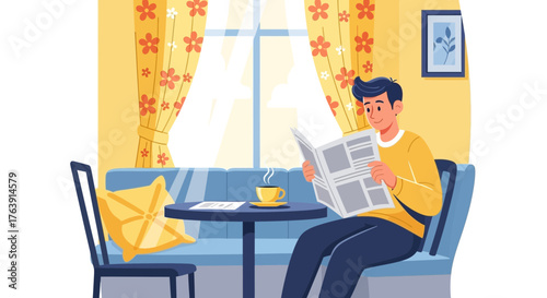 A man reading newspaper enjoying coffee in a cozy room filled with sunlight