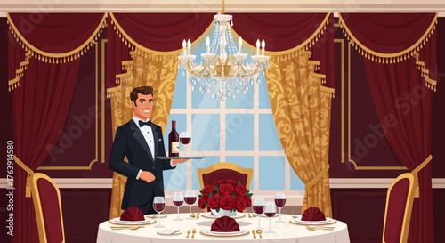 Elegant dining room service featuring a waiter with wine and sophisticated decor