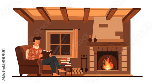 Serene cabin scene featuring a man reading by a crackling fireplace glow