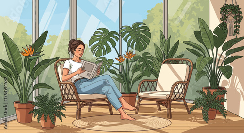 Relaxing woman enjoying tranquility while reading in a lush indoor garden setting