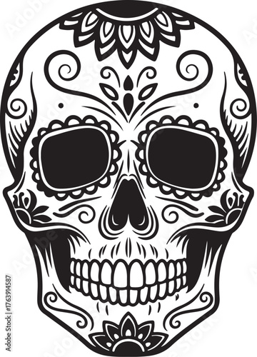 Black and White Decorative Sugar Skull with Floral Ornaments day of the dead dia de los muertos on transparent background
