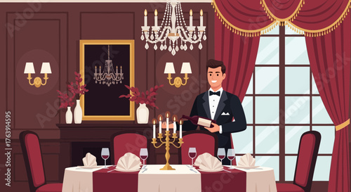 Elegant waiter serving in a classically decorated luxurious dining room scene
