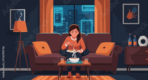 Illustration of a young woman eating alone in a cozy apartment at night