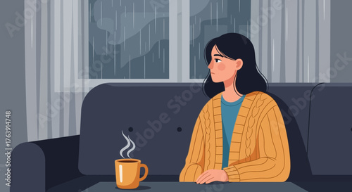 Melancholy moment, woman contemplating on a rainy day in her cozy home