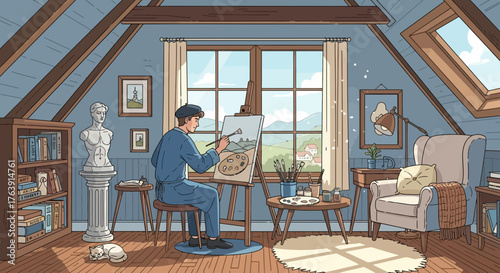 Artist creating landscape art in attic studio with tranquil and cozy atmosphere