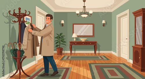 Man arriving home, hanging coat in elegant vintage styled hallway cartoon illustration