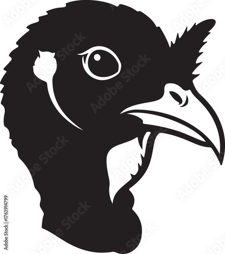 Black silhouette of a bird's head with white eye and beak detail Keywords: bird, silhouette, head, profile, avian, fowl, poultry, animal, wildlife, black and white, graphic, on transparent background