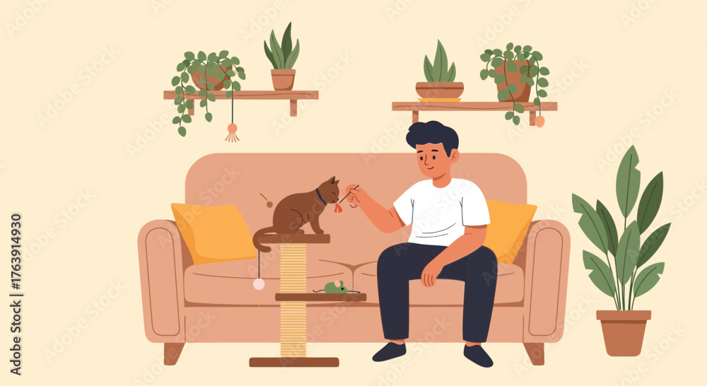 Fototapeta premium Cozy moment of joy: Man interacting with his cat in a stylish interior setting