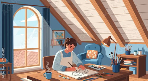 Creative artist engaged in drawing in a cozy attic studio filled with natural light