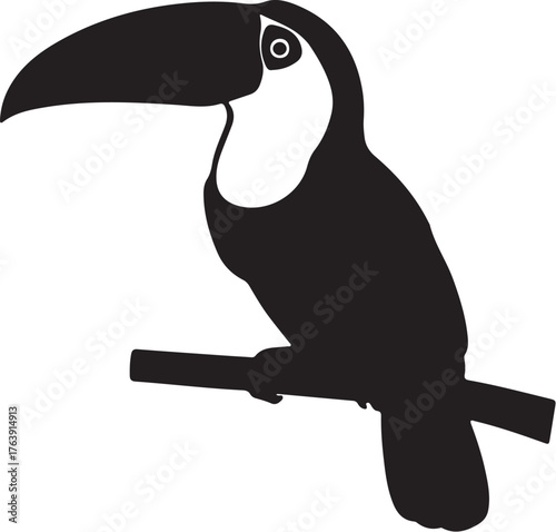 Black silhouette of a toucan bird perched on a branch with a large beak on a white background animal on transparent background