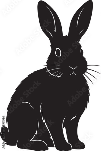 Black silhouette of a sitting rabbit with long ears and whiskers on a white background animal bunny on transparent background