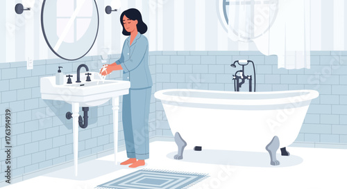 Cartoon illustration of a woman washing her hands in a classic bathroom setting