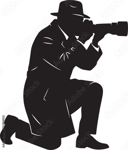 Silhouette of a photographer kneeling with a camera on a white background photography on transparent background