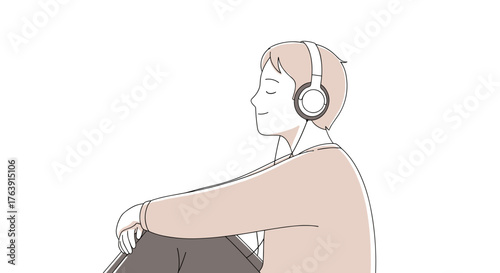 Illustration of a man with headphones sitting in a relaxed pose listening to music on a white background