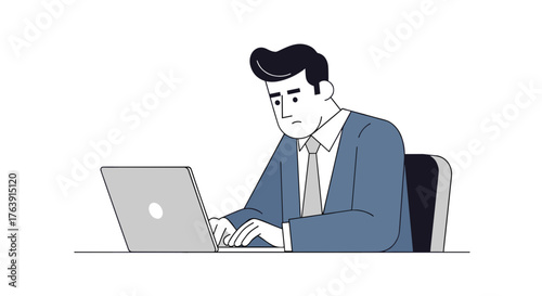 Sad businessman working on a laptop vector illustration of a stressed employee isolated on white background