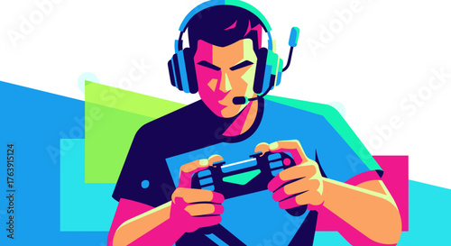 Gamer playing video games with headset and controller colorful vector illustration for esports and online gaming concepts